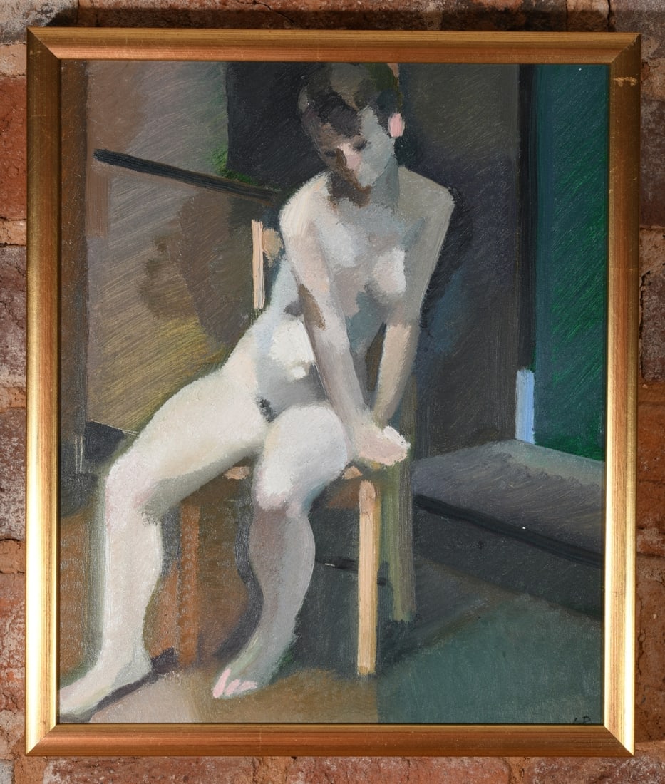 Lincoln Perry (b. 1949) Oil on Masonite: Depicting a seated nude female figure in an interior setting, signed LP lower right, framed. Lincoln Perry is a Post Modernist, known for his murals in Old Cabell Hall at the University of Virginia. V