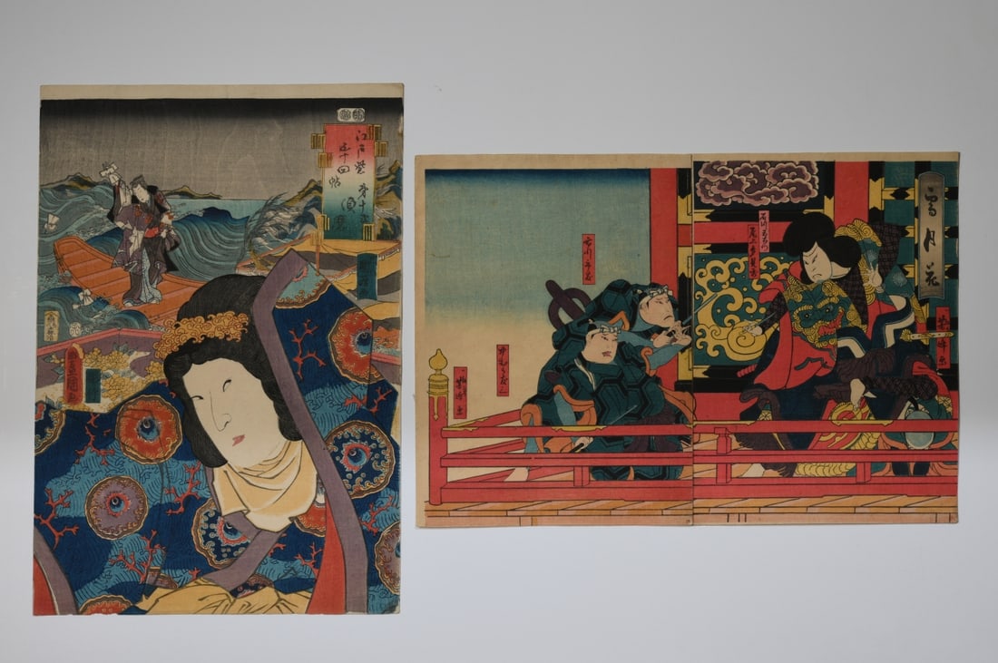 Japanese Woodblock Prints, 3 Pcs.: Group of three 19th century Japanese color woodblock prints, comprising a two-sheet kabuki diptych depicting actors within a temple or palace setting, together with a single-sheet print depicting a wo