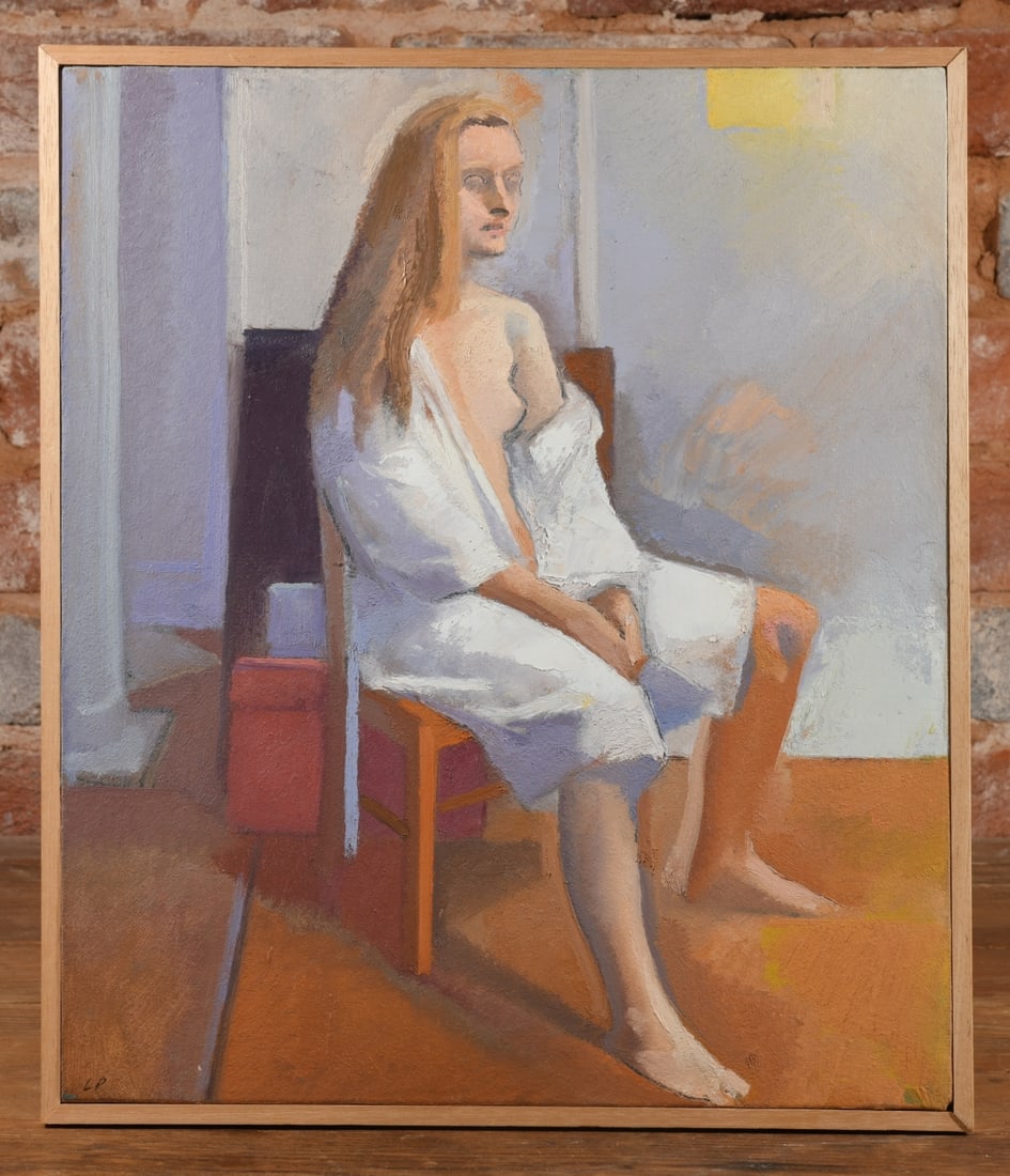 Lincoln Perry (b. 1949) Oil on Canvas: Depicting a woman in a robe seated on a chair in an interior space. signed LP lower left, framed. Lincoln Perry is a Post Modernist, known for his murals in Old Cabell Hall at the University of Virgin