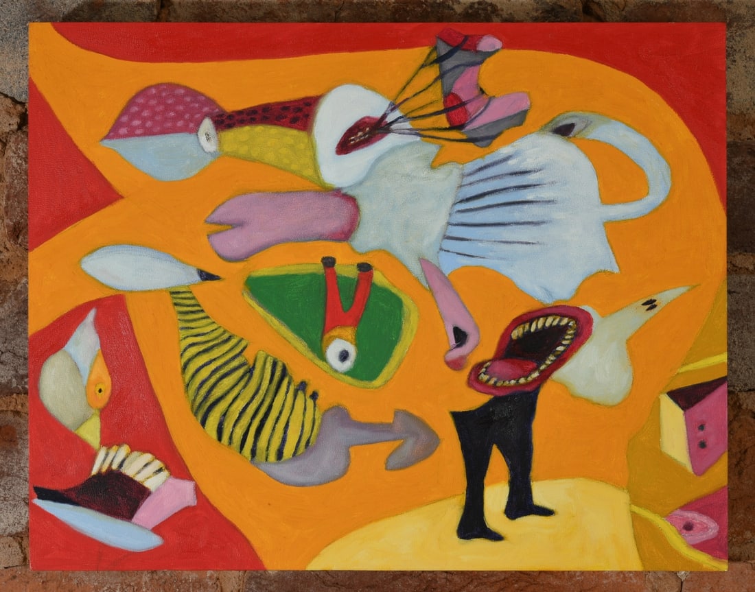 Craig Moran "Catch of the Day" Oil on Masonite: Original surrealist oil painting titled "Catch of the Day" by Washington, D.C.-area artist Craig Moran. Signed, titled, and dated "4/15/2016" on the reverse. Dimensions approx. 14" x 11". Provenance: 