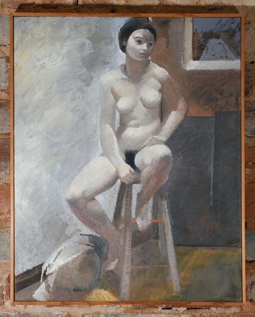 Lincoln Perry (b. 1949) Oil on Canvas: Depicting a seated nude female figure in an interior setting, signed LP lower right, framed. Lincoln Perry is a Post Modernist, known for his murals in Old Cabell Hall at the University of Virginia. F