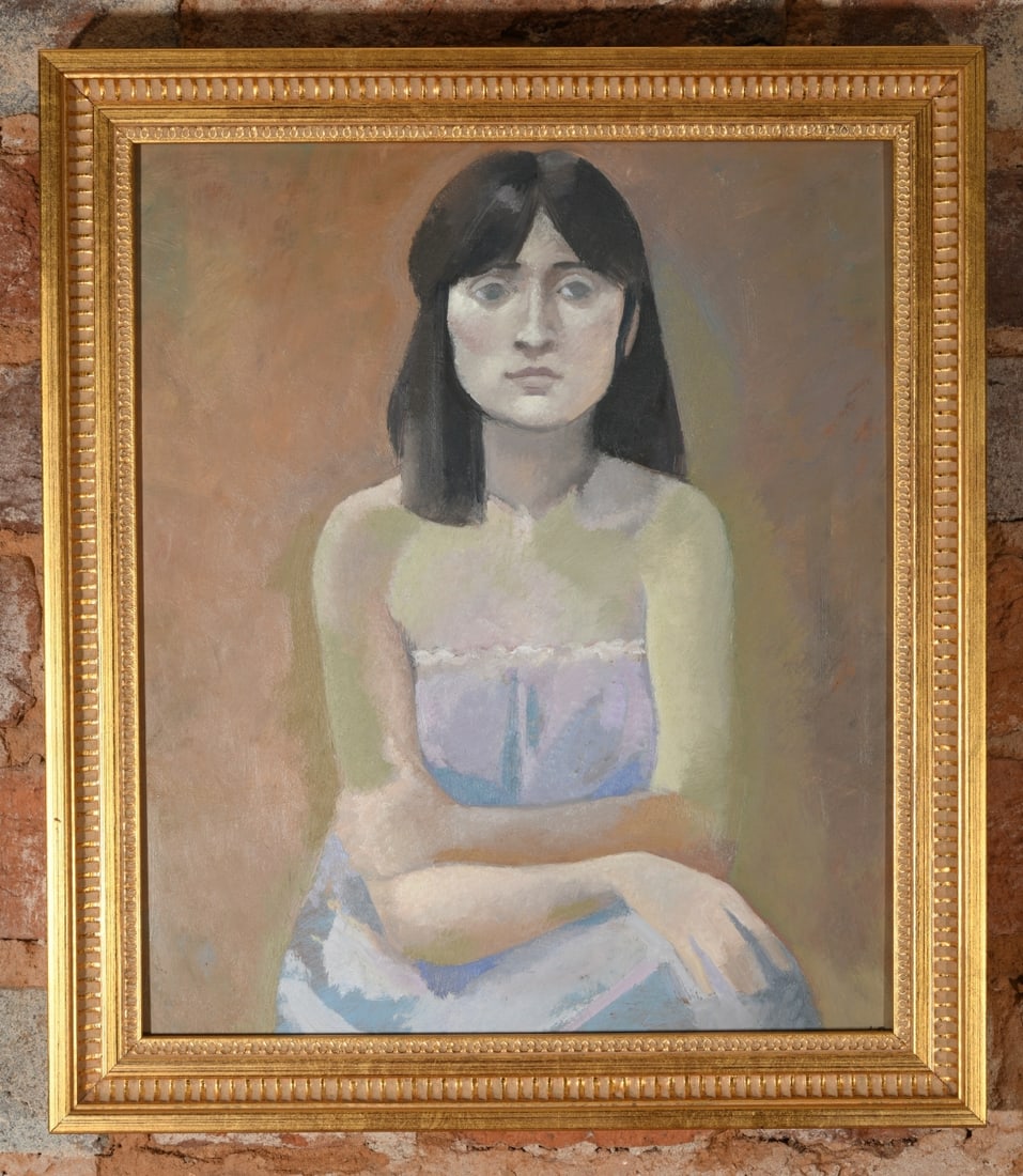 Lincoln Perry (b. 1949) Oil on Masonite: Oil on masonite portrait of a woman, signed LP lower right, framed. Lincoln Perry is a Post Modernist, known for his murals in Old Cabell Hall at the University of Virginia. Frame approx. 15 1/2" x 13