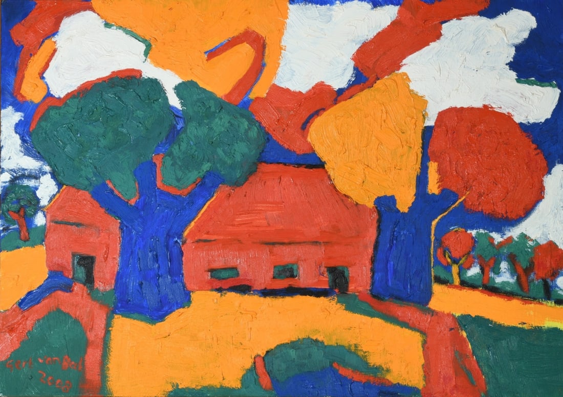 Gert van Beek (Dutch, b. 1944): Oil on board landscape depicting farmhouses with bright red roofs nestled among stylized, brightly colored trees and rolling fields. Signed and dated (08) to verso.Frame approx. 23 1/8" x 16 3/4". Sig