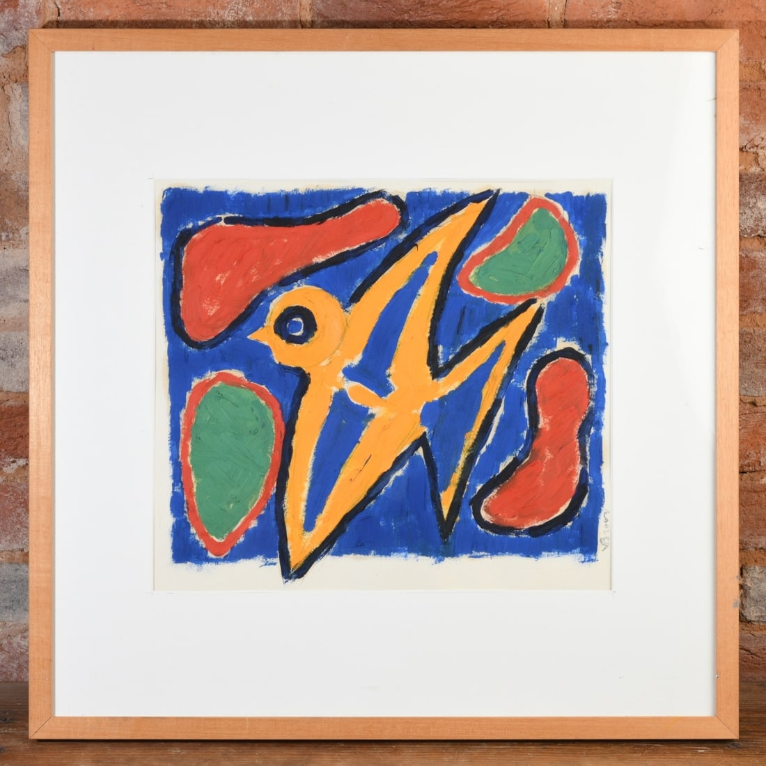 Gert van Beek (Dutch, b. 1944): Abstract oil on paper painting of a bird. Frame approx. 24 3/4" x 24 3/4". Sight approx. 16" x 14 1/2". Provenance: The Collection of David B. Lawall. Our primary recommendation is to arrange