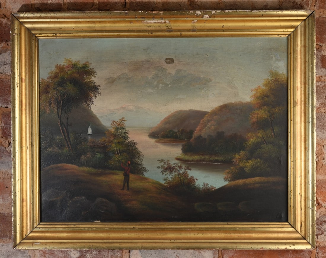 Hudson River School Landscape with Hunter: 19th century Hudson River School oil on canvas landscape capturing a expansive river valley scene. In the foreground, a hunter dressed in a red jacket and cap stands along a forested embankment,