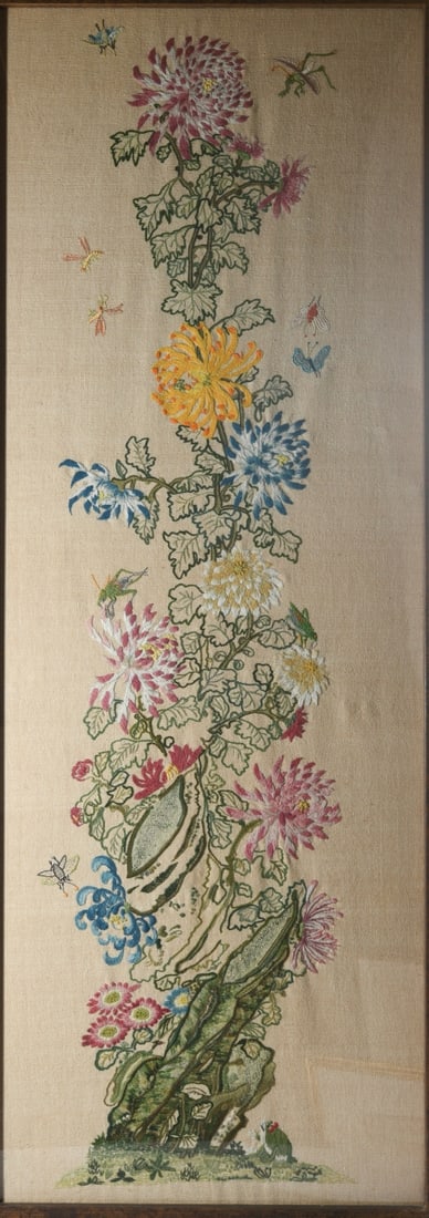 20th Century Asian Style Crewel Embroidery: Frame approx. 61" x 22 3/4". Sight approx. 59 1/2" x 21 1/2". Our primary recommendation is to arrange shipping yourself using Blue Ridge Pack & Ship. Most bidders find this is the most economical