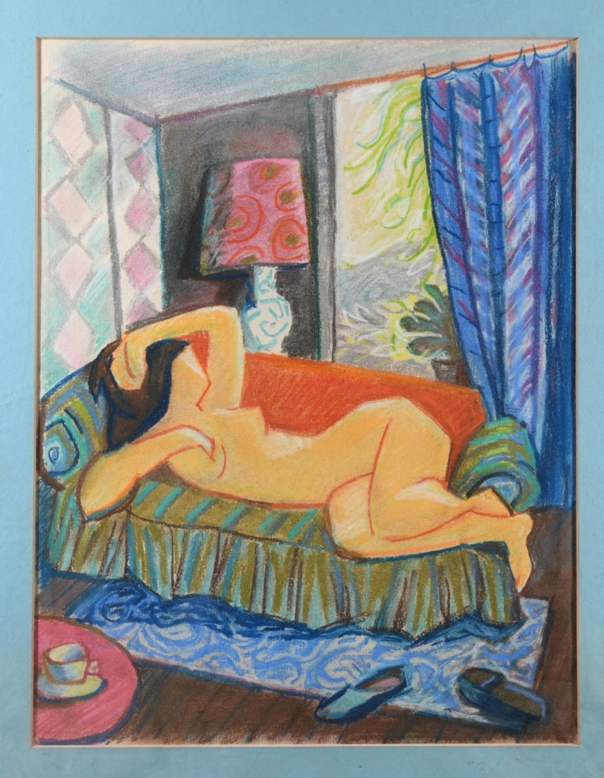 John Middleton Freeman Pastel and Pencil on Paper: Pastel and colored pencil on paper depicting a reclining female nude on a striped sofa. Matted and unframed. Mat approx. 18" x 14". Sight approx. 13" x 10". Provenance: The Collection of David B.