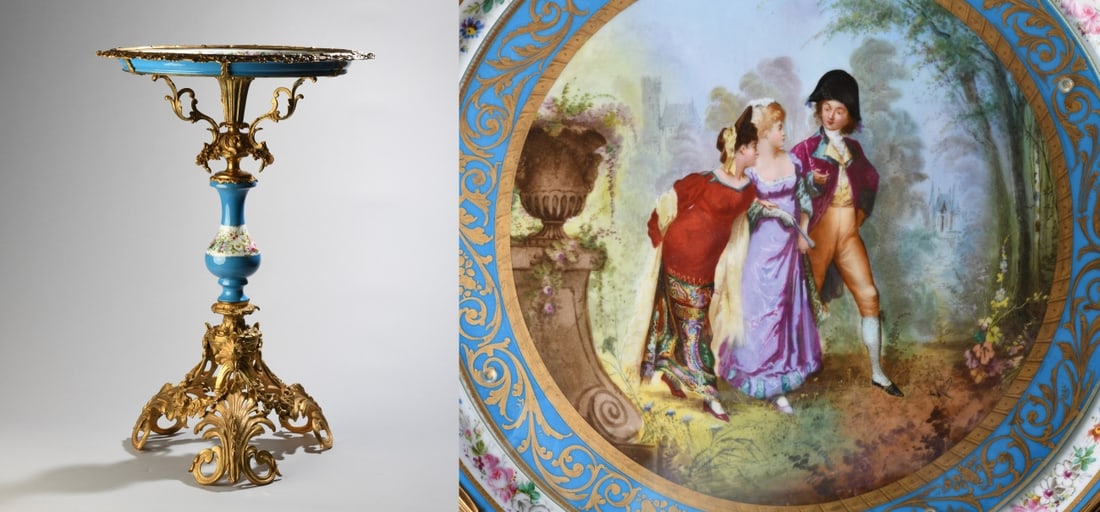Sevres-Style Porcelain & Gilt Gueridon: Louis XVI style, circular dished top set with a hand-painted porcelain charger signed indistinctly, the central reserve depicting two ladies and a gentleman in 18th century dress in a parkland