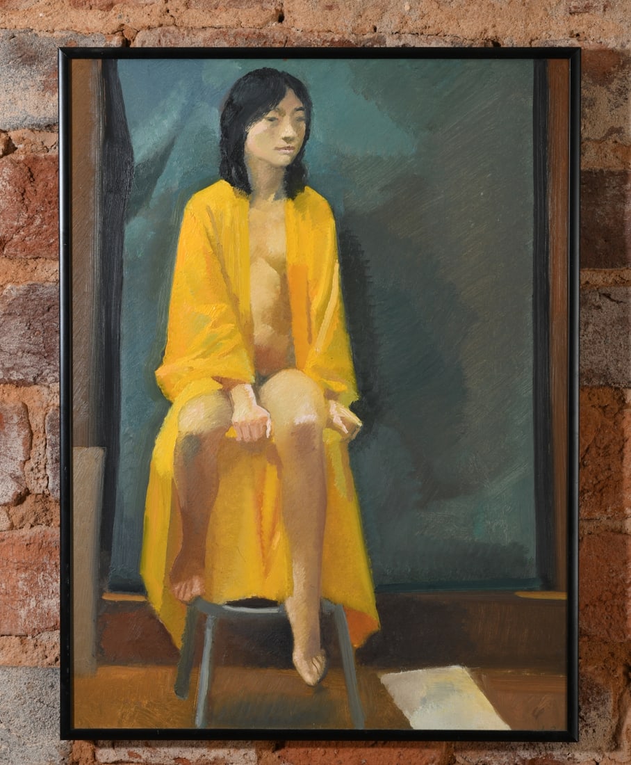 Lincoln Perry (b. 1949) Oil on Masonite: Depicting a seated robed female figure in an interior setting, signed LP lower right, framed. Lincoln Perry is a Post Modernist, known for his murals in Old Cabell Hall at the University of Virginia. 