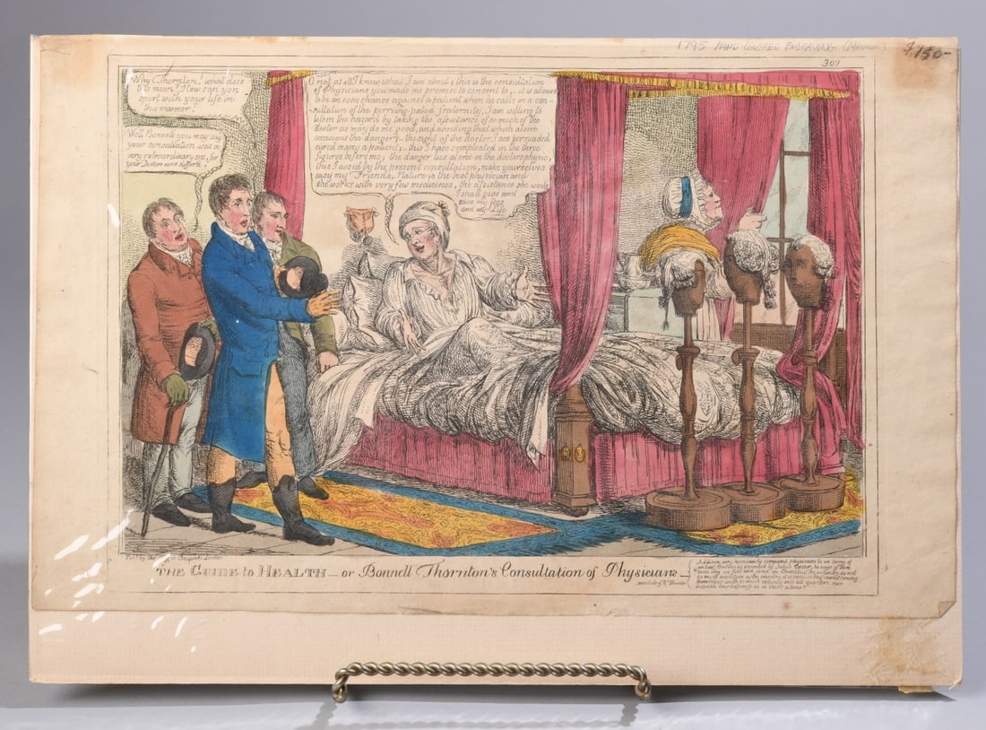 The Guide to Health, Tegg Reissue, c.1810: The Guide to Health - or Bonnell Thornton's Consultation of Physicians. Hand colored etching depicting the writer Bonnell Thornton bedridden, pointing three visiting friends toward three wig stands