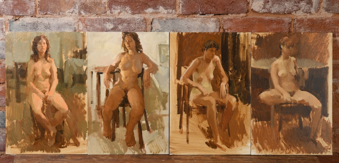 Philip Geiger (1956 - 2026): A set of four female nudes. Oil on watercolor board. All signed "PG." Unframed. Philip Geiger was an American painter who taught studio art at the University of Virginia for nearly forty years.
