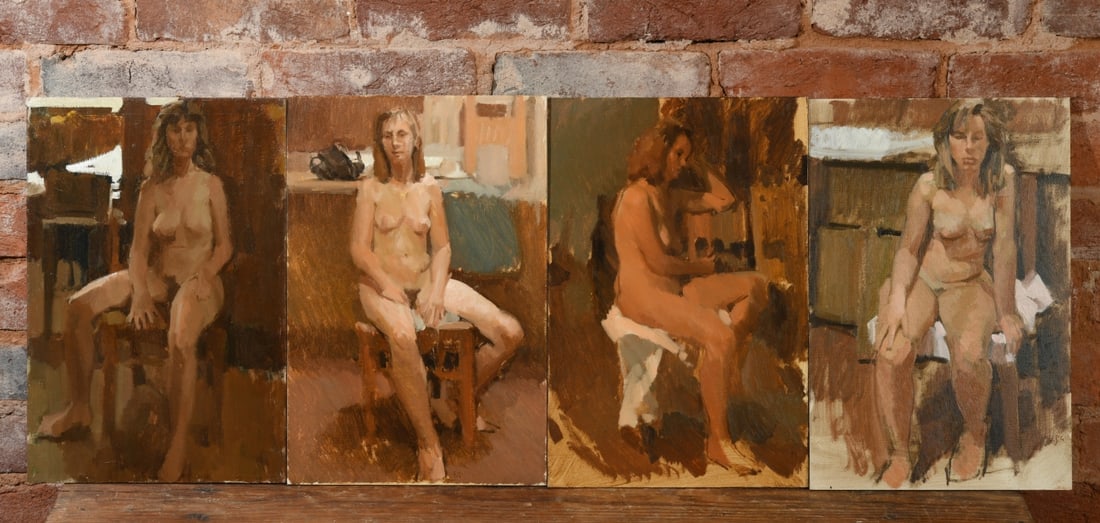 Philip Geiger (1956 - 2026): A set of four female nudes. Three oil on watercolor board, one oil on masonite. All signed "PG." Unframed. Dimensions approx. 15" x 10". Provenance: The Collection of David B. Lawall. Our primary