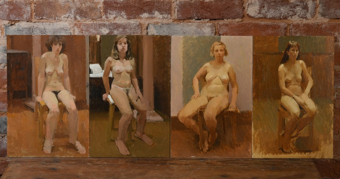 Philip Geiger (1956 - 2026): A set of four female nudes. Oil on watercolor board. Three signed "Geiger," one signed "PG." Unframed. Dimensions approx. 15" x 10". Provenance: The Collection of David B. Lawall. Our primary