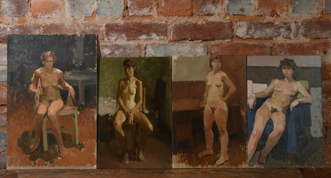 Philip Geiger (1956 - 2026): A set of four female nudes. Two on watercolor board, two on masonite. Largest dimensions approx. 18" x 12". Provenance: The Collection of David B. Lawall. Our primary recommendation is to arrange