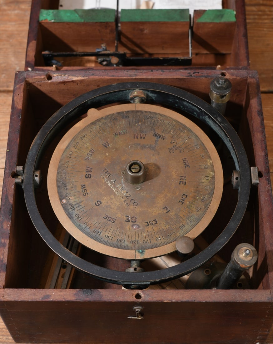Early 20th C. A. Lietz Co. Brass Marine Pelorus: An early 20th century brass marine pelorus by The A. Lietz Co., San Francisco, housed in its original mahogany box with brass maker's plate. Dimensions approx. 10 5/8" x 10 5/8" x 8". Our primary reco