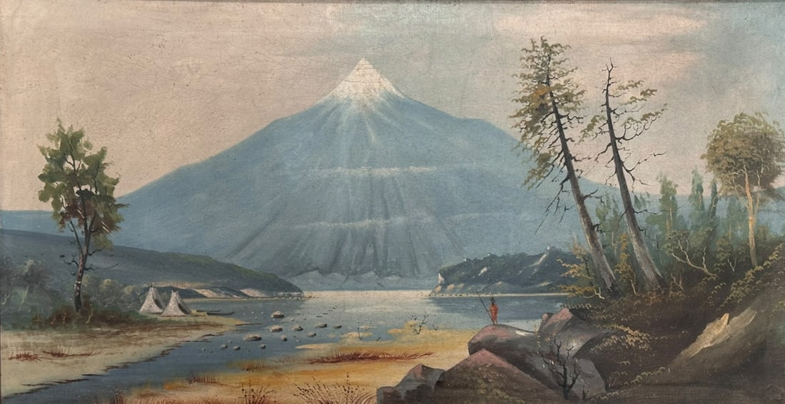 19th C. Folk Art Painting, Mt. Shasta: A 19th century American Western landscape depicting a majestic, snow capped peak-likely Mount Shasta-rising above a wide river valley. The composition features a lone Indigenous figure standing atop