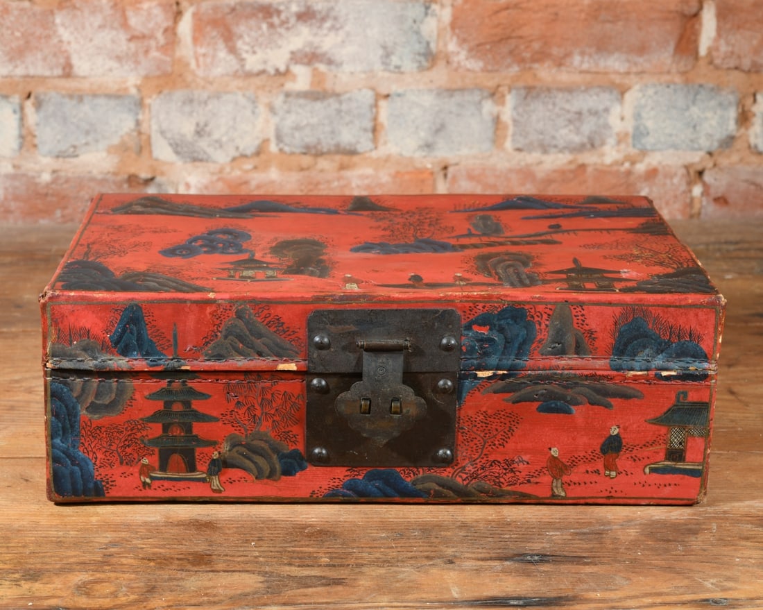 Antique Chinese Leather Document Box: Dimensions approx. 14 1/4" x 8 5/8" x 4 3/4". Our primary recommendation is to arrange shipping yourself using Blue Ridge Pack & Ship. Most bidders find this is the most economical route. Simply reach