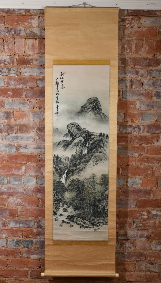 Chinese Landscape Hanging Scroll: Depicting a mountainous river landscape with waterfalls and a rustic dwelling, minor damage / discoloration. Mount: approx. 72" x 19". Image: approx. 47" x 15". Our primary recommendation is to