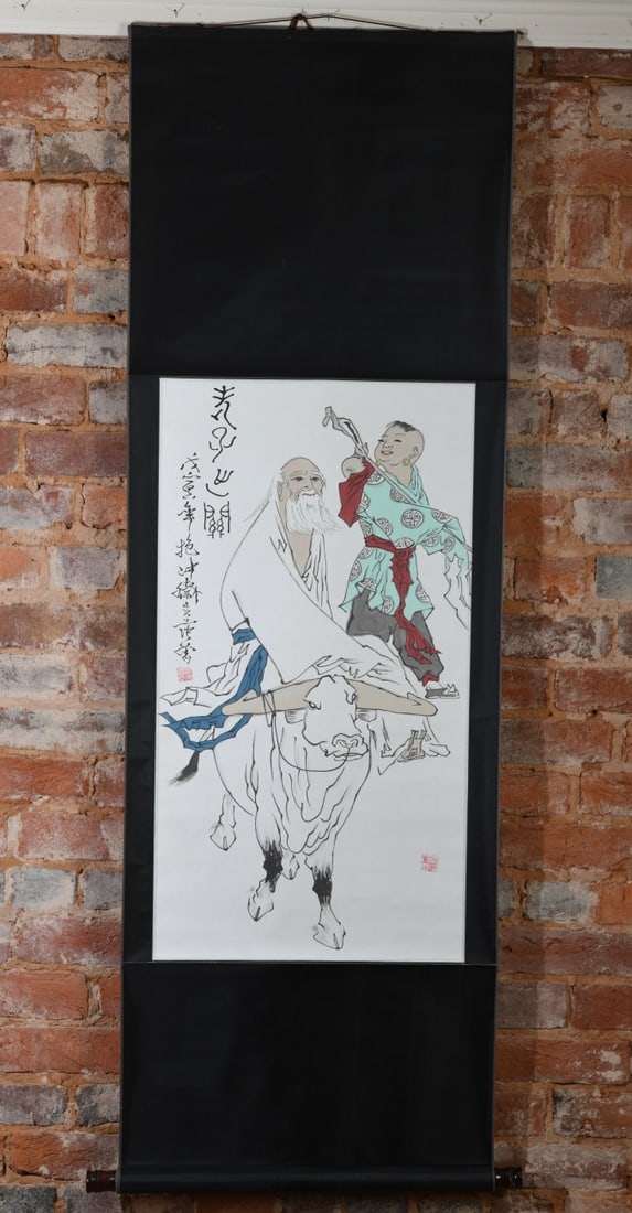 Chinese Figural Hanging Scroll: Depicting an elderly sage riding an ox accompanied by a smiling attendant figure, minor damage / discoloration. Mount: approx. 62 1/2" x 20 3/4". Image: approx. 31 1/2" x 17". Our primary