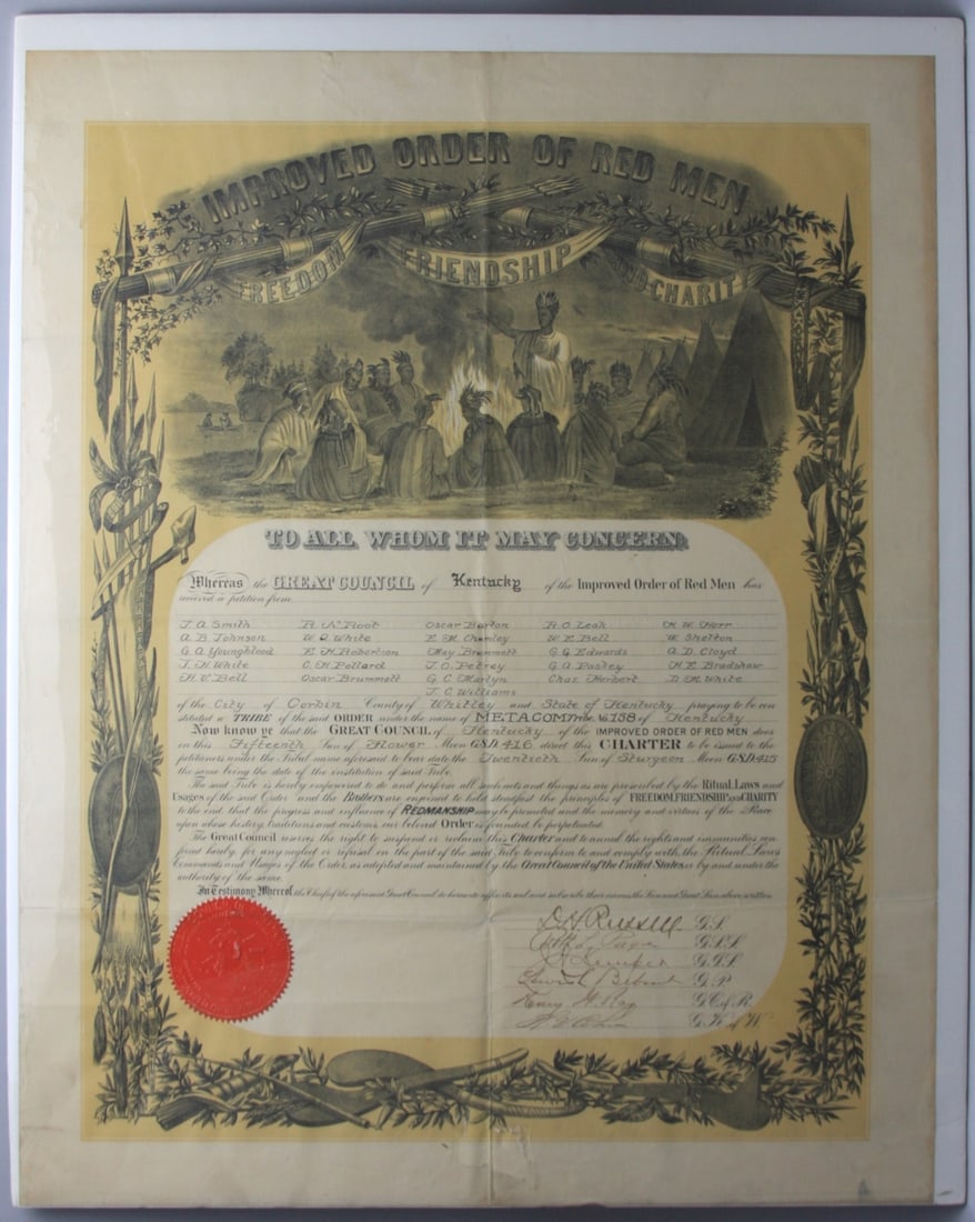 19th C. Kentucky Order of the Red Men Document: Kentucky Order of the Red Men 19th Century Fraternal document of members. Lithograph heading and signed by the officers. Our primary recommendation is to arrange shipping yourself using Blue Ridge