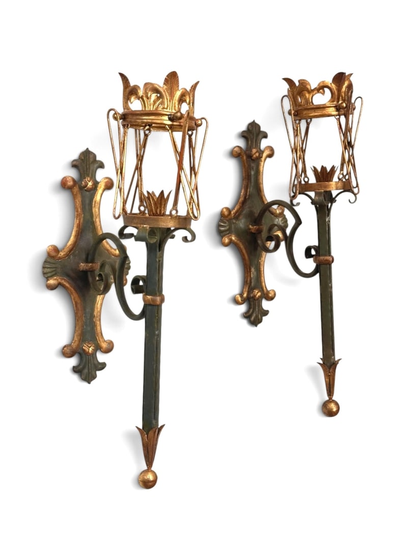 Pair Vintage Palladio Italian Gilt Torch Sconces: A fine matching pair of vintage Italian mid-century decorative wall sconces by Palladio, each stamped "PALLADIO / MADE IN ITALY" on the reverse. Dimensions approx. 30 1/2" x 11" x 6 1/2". Our primary 