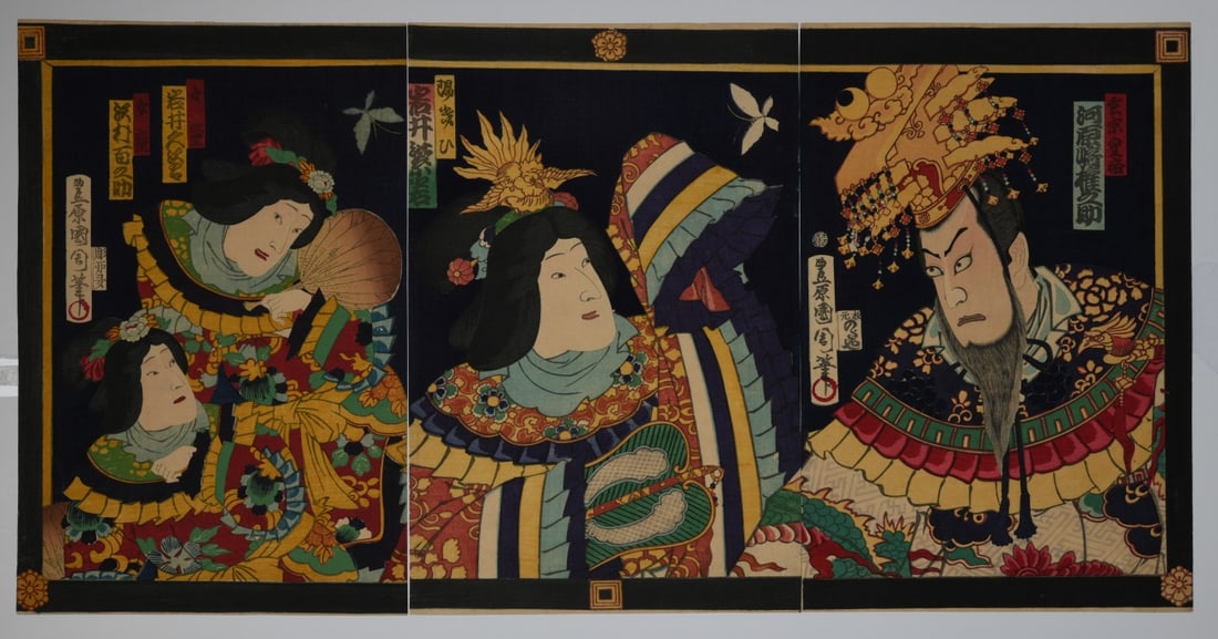 Toyohara Kunichika Woodblock Triptych: Toyohara Kunichika (1835 - 1900), color woodblock print triptych depicting elaborately dressed theatrical or courtly figures against dark grounds, three unmounted sheets. Some scattered surface wear