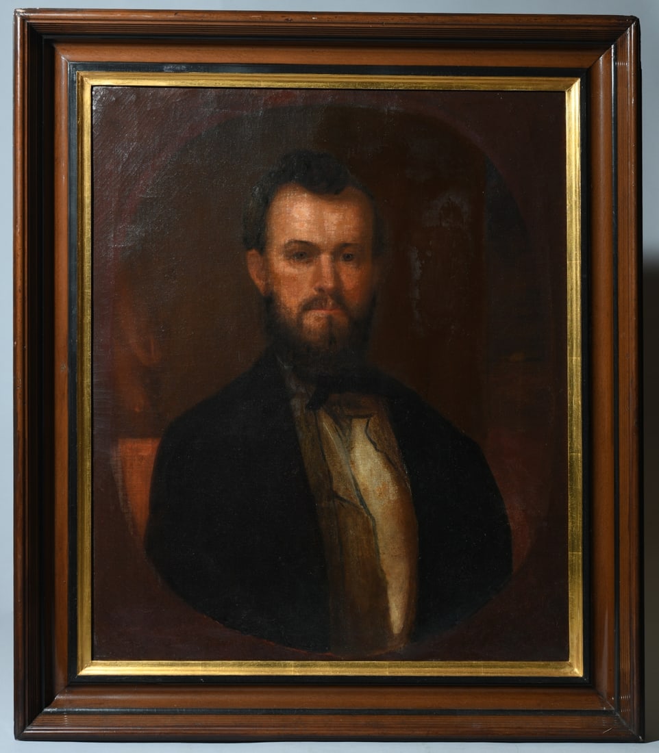 Pair 19th C. Oil on Canvas Portraits: Pair of 19th century oil on canvas portrait paintings, depicting a gentleman in dark coat and waistcoat and a lady wearing a black dress with white lace collar, jewelry, and flowers in her hair. Unsig
