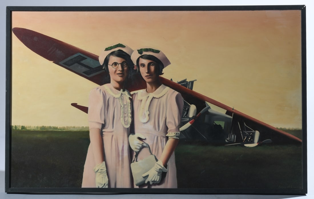 Guy Johnson (American, 1927 - 2019): Dutch Landscape, 1976, oil on paper mounted on Masonite, depicting two women in white dresses and caps standing before a crashed or grounded aircraft in an open landscape. Signed lower right. Louis