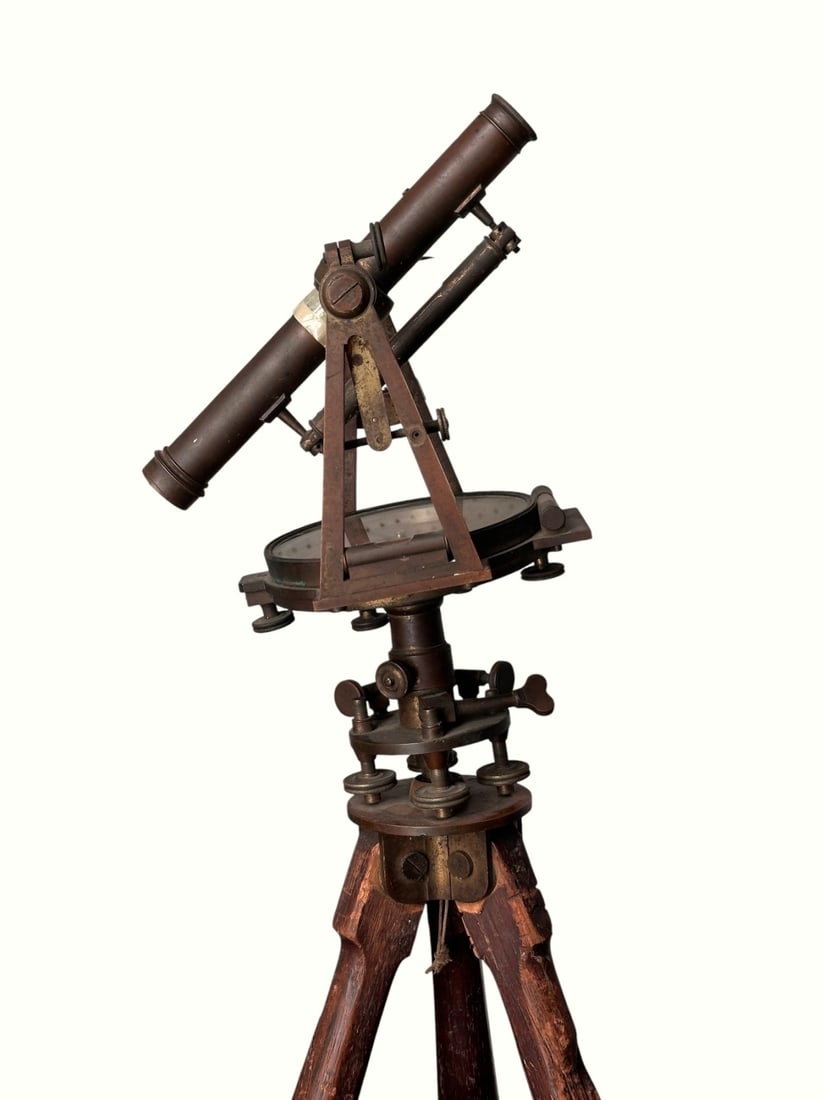 19th C. Knox & Shain Brass Surveyor's Transit: 19th century American brass surveyor's transit by Knox & Shain, Philadelphia. Offered on its original wooden tripod. Good antique condition with rich brass patina; tripod has multiple splits. Our prim
