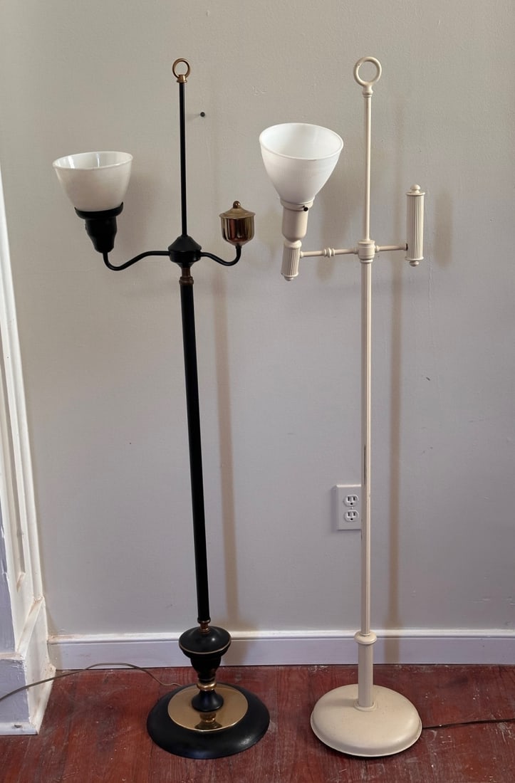 Two Vintage Floor Lamps: One white painted, the other black with gilt accents, both power on. Black lamp H: approx. 56 1/4", base dia: approx. 10 3/4". Our primary recommendation is to arrange shipping yourself using Blue Rid