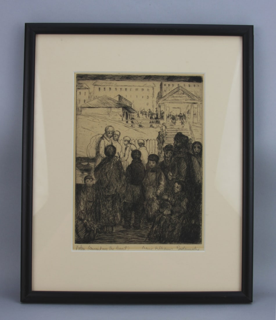 Marie Williams Radamsky Engraving: "Volga Awaiting the Boat" engraving circa 1930, framed. Frame: approx. 13" X 11". Sight: approx. 8" X 6 1/2". Our primary recommendation is to arrange shipping yourself using Blue Ridge Pack & Ship.