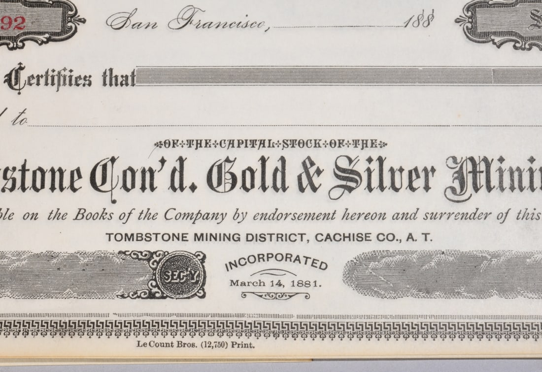 Tombstone Gold & Silver Certificates: Five certificate sheets for the Tombstone Consolidated Gold & Silver Mining Company, Tombstone Mining District, Cochise County, Arizona Territory, incorporated March 14, 1881. Each sheet contains mult