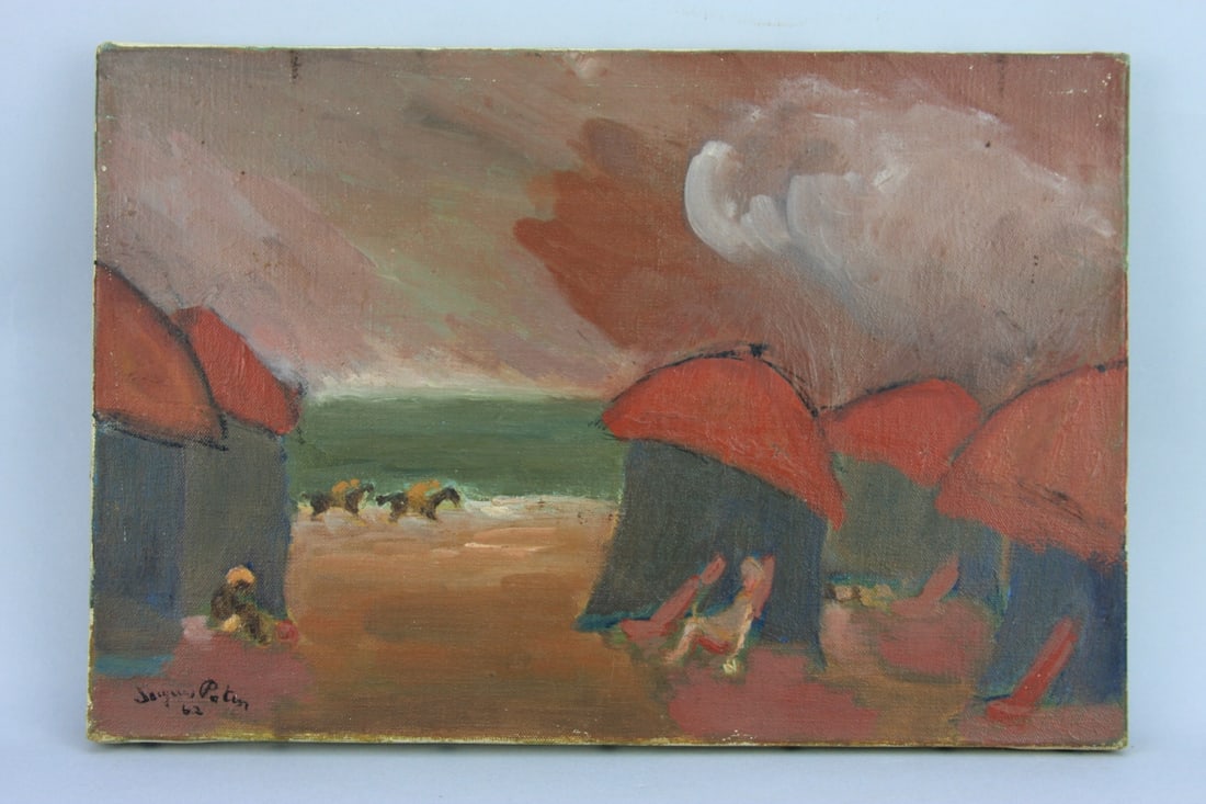 Jacques Potin (1920 - 2009): Oil on canvas depicting people, cabannas and horse riders on beach. Approx. 9" X 13". Our primary recommendation is to arrange shipping yourself using Blue Ridge Pack & Ship. Most bidders find this