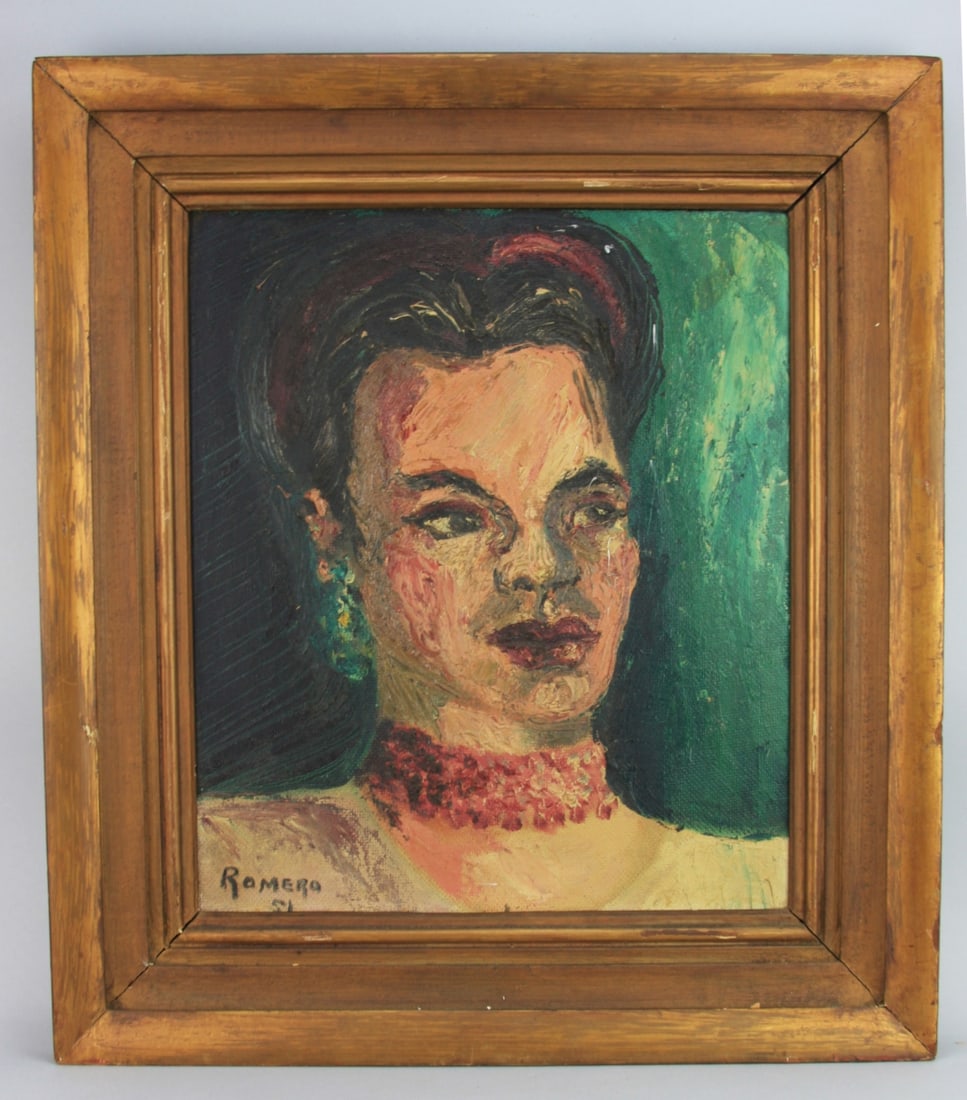 Oil on Board Signed Romero: Oil on board of a woman, framed, signed Romero and dated 1951. Frame: approx. 22" X 20". Sight approx. 16" X 14". Our primary recommendation is to arrange shipping yourself using Blue Ridge Pack &