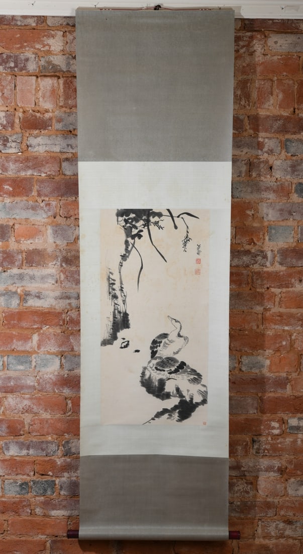Chinese Bird Painting Hanging Scroll: Depicting two waterfowl beside a rocky outcrop beneath overhanging branches, minor damage / discoloration. Mount: approx. 71" x 20 3/4". Frame: approx. 29 1/2" x 14 3/4". Our primary recommendation