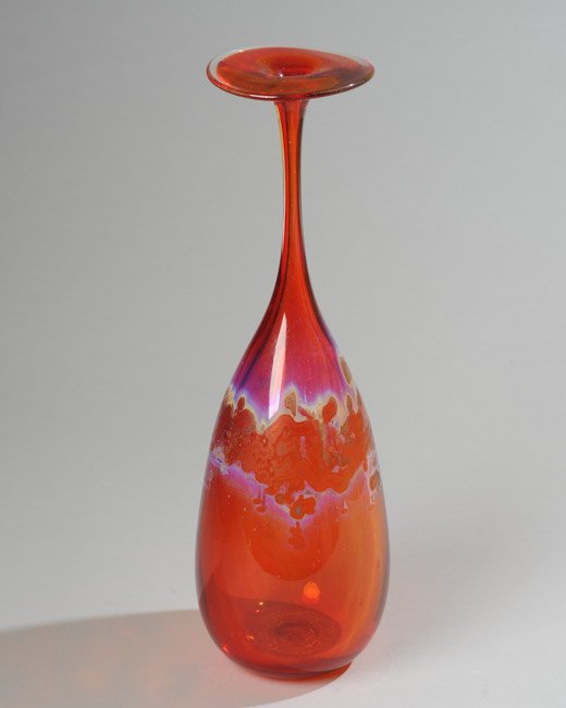 Kent Ipsen Blown Glass 'Pinched' Vase: Kent Ipsen (1933-2012) was a pioneer in creating studio art glass and taught at VCU in Richmond, Virginia. Signed on base. H 17 1/2" D 5"