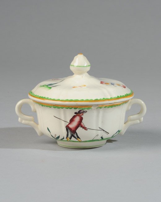 Guido Andlovitz Lidded Cup: Cup has whimsical decoration with gardener, flowers and bugs. Chip to rim. Several marks on base. c. 1920s made in Italy. H 3 1/2" D 4"