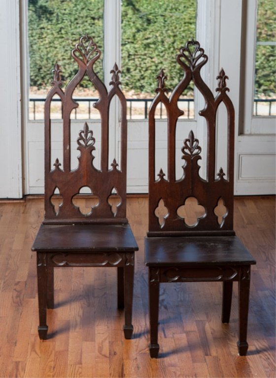 Pair of Gothic Revival Hall Chairs: 19th C. American, Carved mahogany. Some imperfections. H 51"