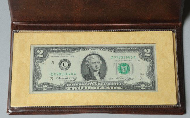 Jefferson 2 Dollar Bill: In Franklin Mint Preservation Case.