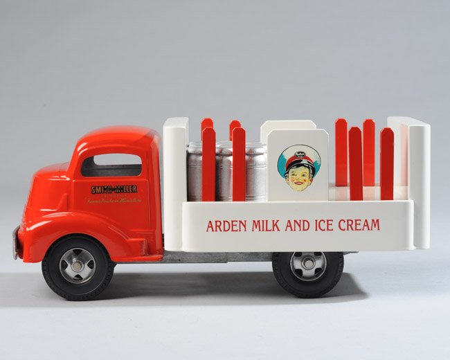 Smith Miller Arden Milk and Ice Cream Truck: 1946 Smith Miller "Smitty Toys" Arden Milk and Ice Cream truck. Assembled from original pieces c. 1970. Beautiful condition, all 12 original silver painted wooden milk cans and four original pallets.