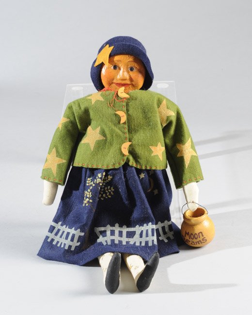 Vintage Folk Art Doll: Charming and whimsical cloth character doll with paper mache head and harvest-moon face created on a celestial theme with starry stockings and jacket, cat-in-the-moonlight skirt, and a little bucket f