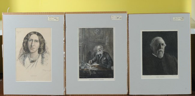 Three Antique Hand Tinted Engravings: To include "George Eliot" 1881, "Robert Browning" 1892, and "Charles Francois Gounod" 1892. Largest sight image: approx. 5 1/2" x 8".