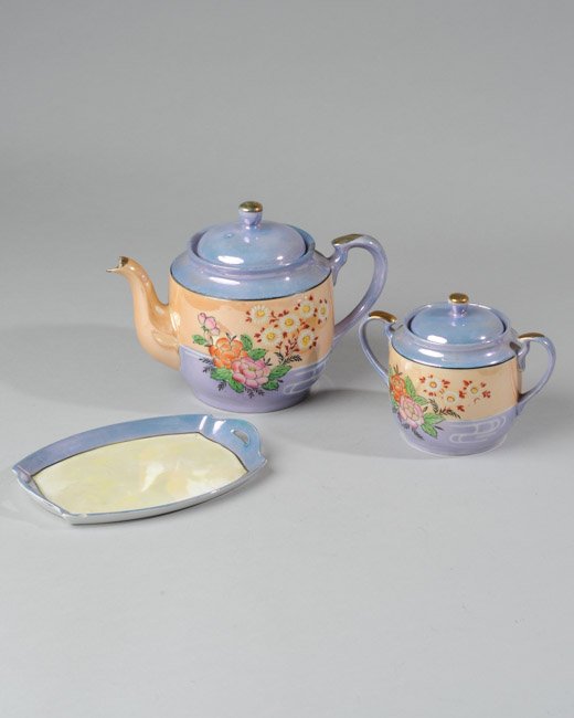 Nippon Chikaramachi Sugar Bowl Under Plate Tea Pot: Hand painted Lustreware Nippon Chikaramachi sugar bowl and under plate. Both marked to base. H: approx. 4 1/2". Underplate approx. 7 1/4" x 5". Tea Pot with broken spout that has been repainted. H: ap