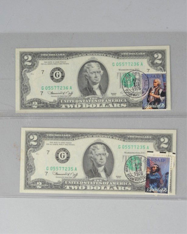 Two Bicentennial 2 Dollar Bills with Stamps: Both stamped April 13, 1976 (first day of issue), Chicago, with "Spirit of 76" postage stamps. Bills are crisp and clean, one stamp is torn.