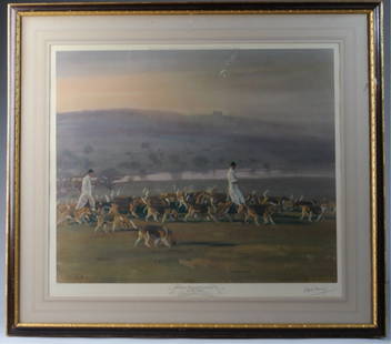 Sir Alfred Munnings (1878-1959) Photolithograph: "Belvoir Hounds Exercising in the Park".Pencil signed lower right, Frost & Reed Publisher, 1956, slight damage to central sky area.Visible image: approx. 21 1/2" X 25".