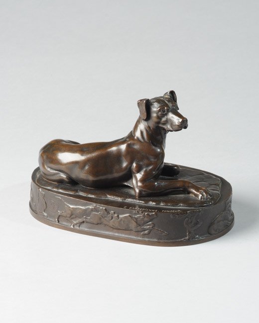 Pierre Giraud (1783-1836) Bronze "Chien Couche": Signed and marked: "F. Barbedienne Fondeur". Small scratch to base. H: approx. 5 3/4". W: approx. 9". D: approx. 5 1/2.