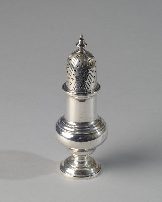 English Sterling Muffineer: Charles Stuart Harris,1899, London. H: approx. 7 1/2". Weight: approx. 7.01 ozt.
