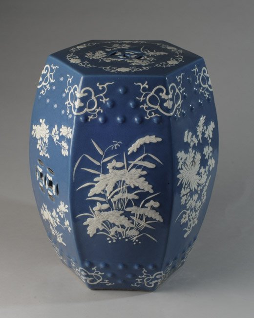 Chinese Porcelain Blue and White Garden Seat: H: approx. 18". Dia: approx. 12".