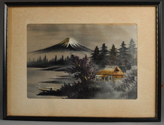 Vintage Asian Embroidered Scene on Silk (1 of 2)