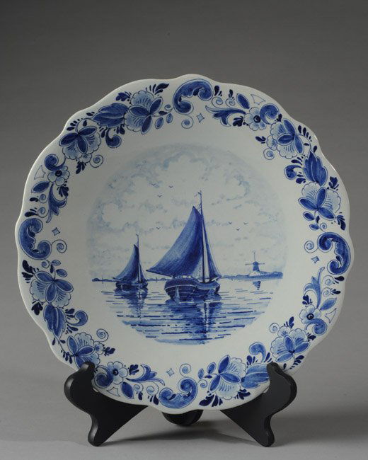 Vintage Delft Blue and White Plate: Sail boats. Dia: approx. 12".